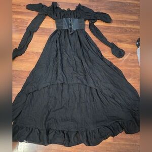 Goth Black Corset Belt Ruffled Long Dress Costume Witchy Vampire Renaissance Vic